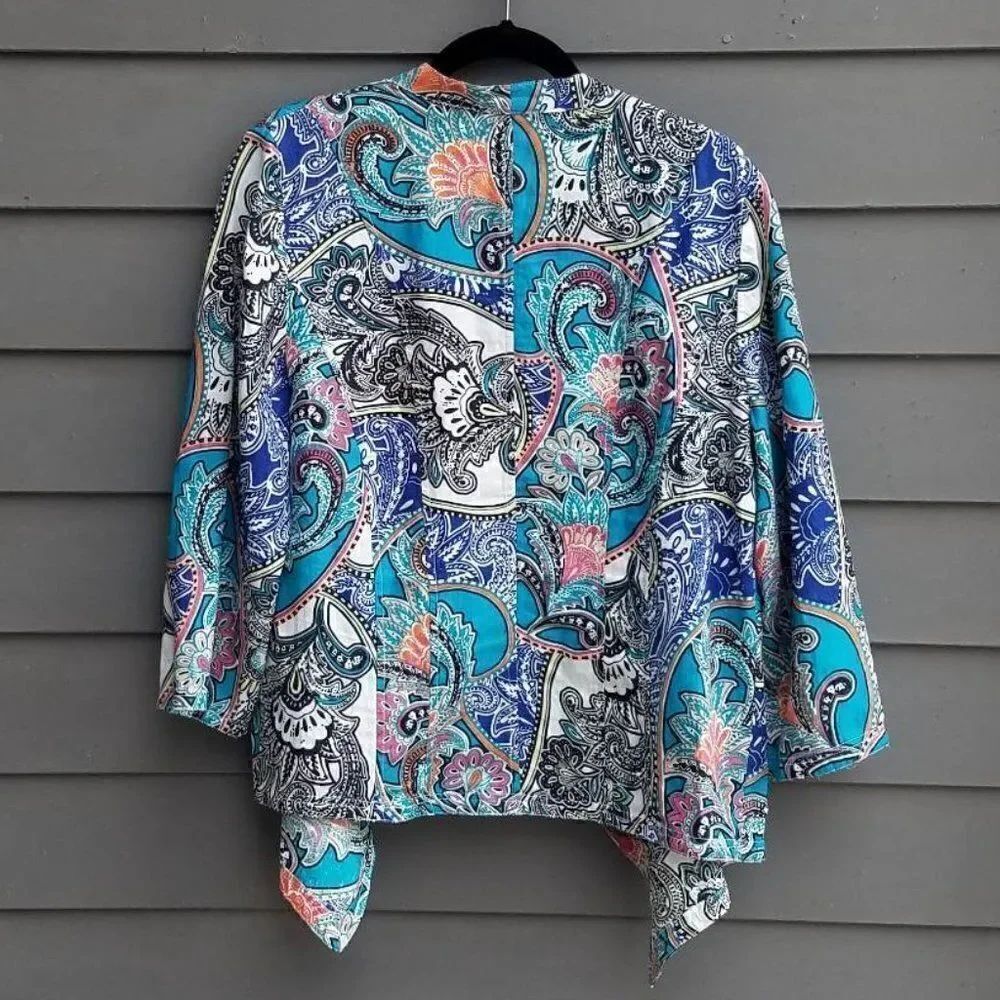 Chicos Linen Pink/White/Turquoise Mod open Jacket Size 2 - Picture 3 of 10
